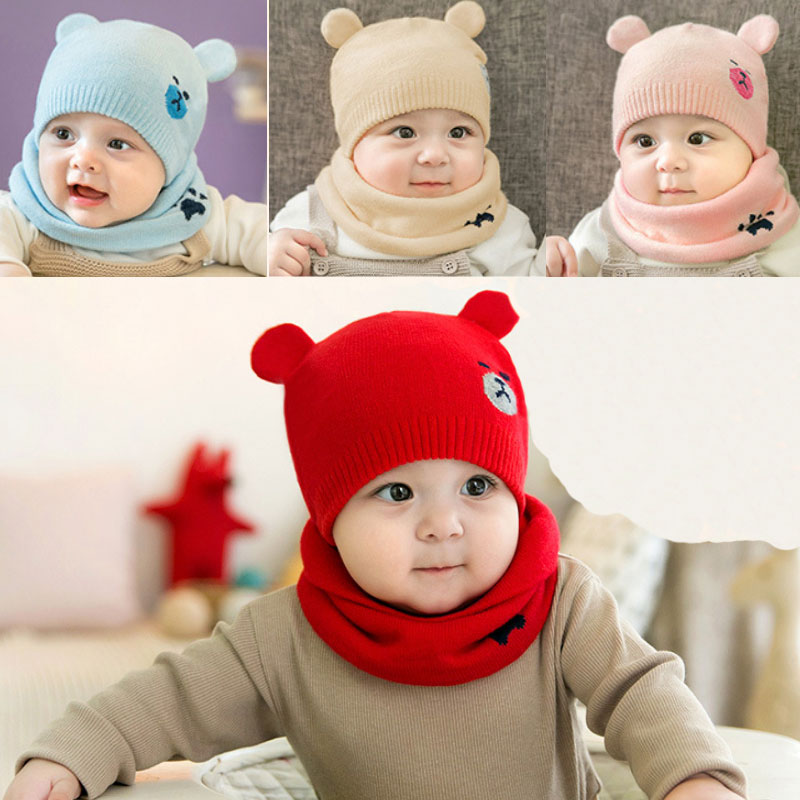 

Autumn And Winter New Childrens Knitted Wool Hat Bib Two-piece Cute Bear Thick Warm Men And Women Baby Bib Knit Hat, Gray