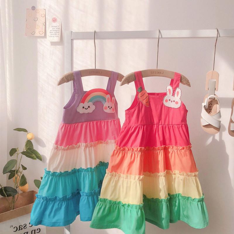 

Girl's Dresses Girls Sleeveless Dress Baby Cartoon Printed Kids Korean Style Cotton Costume Children's Clothing 2022 Summer, Red;yellow