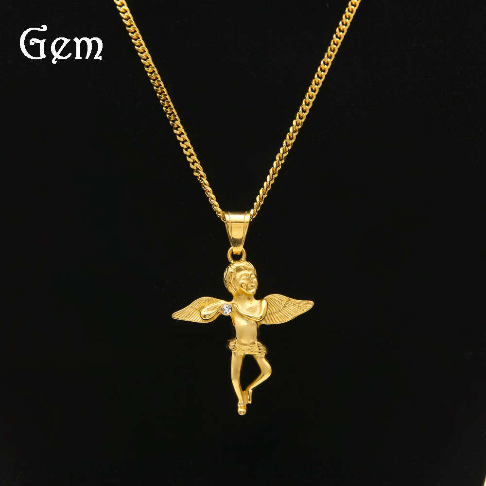 

New stainless steel pendant with curved legs and gold plated baby angel