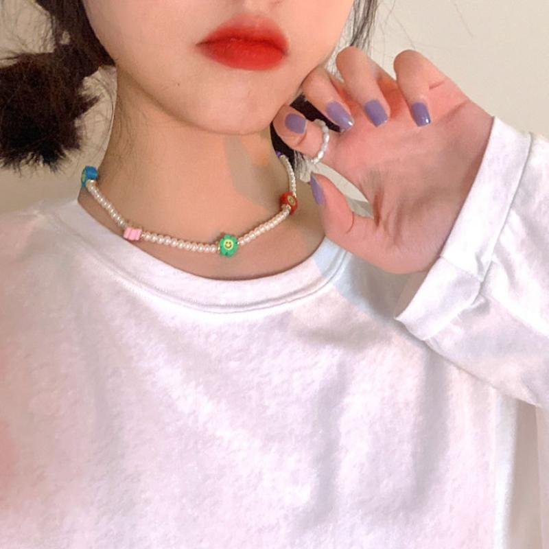 

Chokers Summer Fashion Colorfor Cute Small Sun Flower Imitation Pearl Necklace For Women Girls Clavicle Chain Handmade Jewelry Gifts