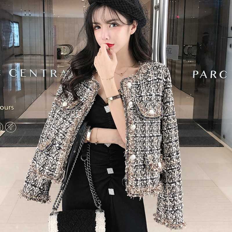 

Autumn Winter Women Small Fragrance Vintage Plaid Tweed Jacket Coat Korean Elegant Long Sleeve Slim Short Outerwear 210526, Photo color