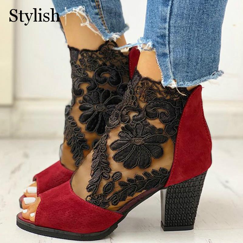 

Sandals High Heels For Women Peep Toe Lace Flower Women's Shoes Ankle Strap Net Surface Hollow Out Ladies Pumps, Black