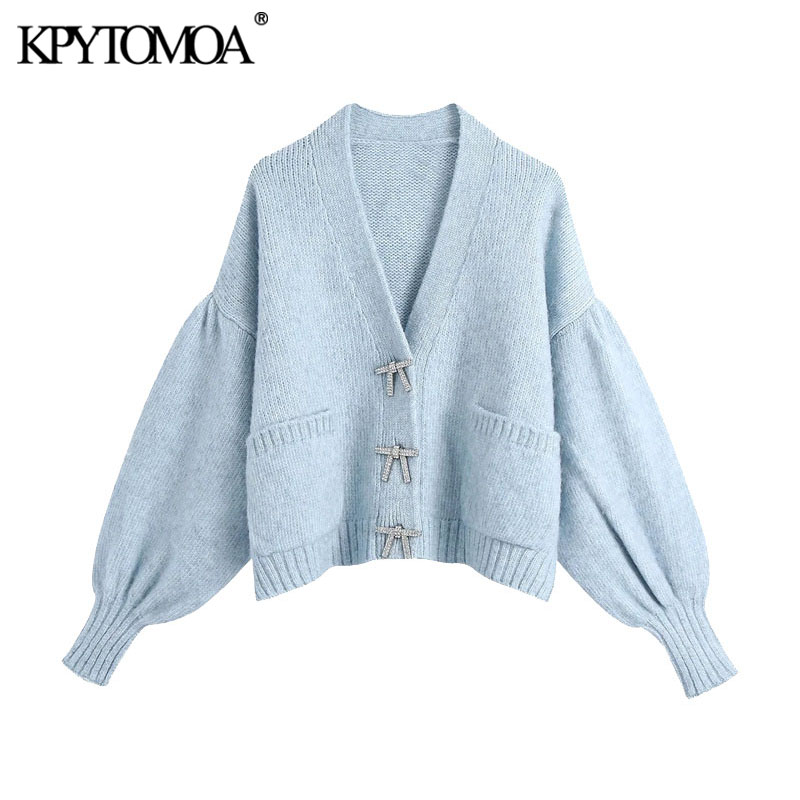 

kpytomoa women fashion rhinestone buttons loose knitted cardigan sweater vintage long sleeve pockets female outerwear chic, Black