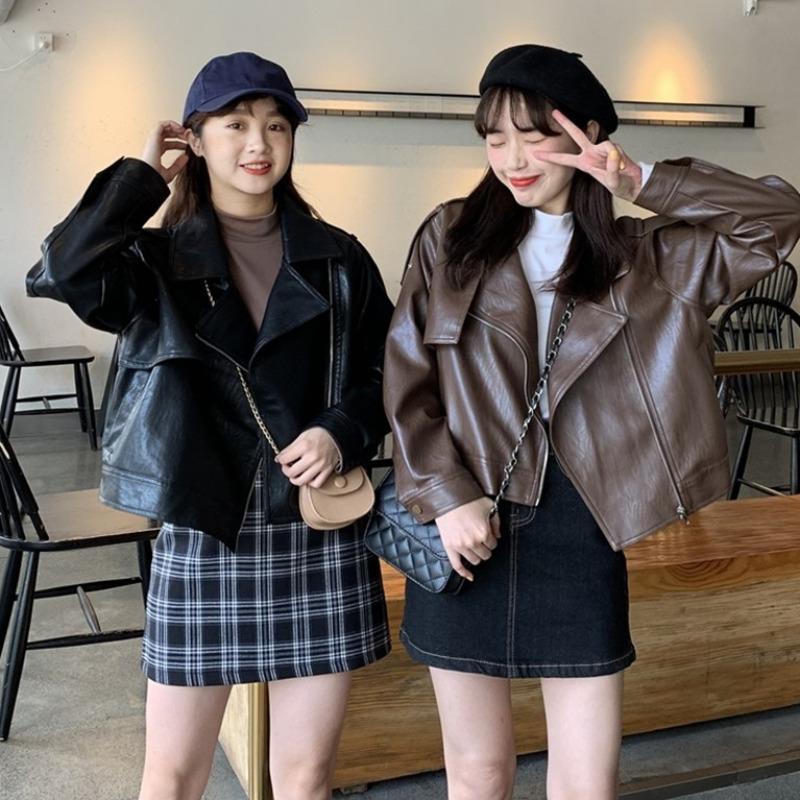 

Women's Jackets And Autumn 2021 Korean Suit Collar Loose Locomotive Long Sleeve Short Coat Fried Street Leather, Black;brown