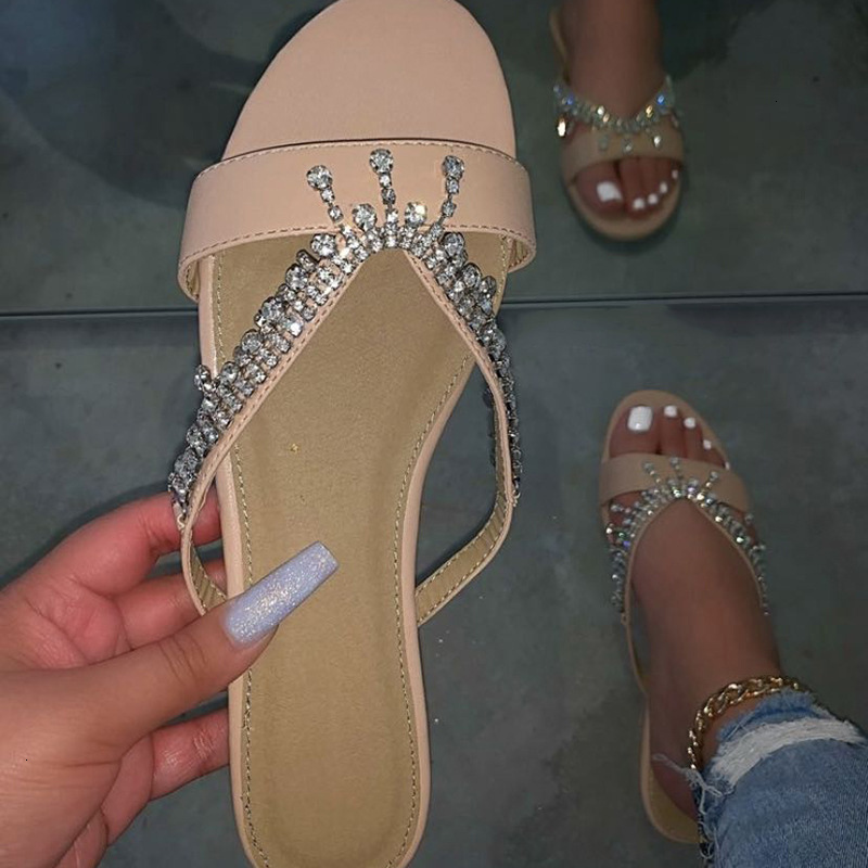 

2021 New Women Slippers Rhinestone Summer Shoes Ladies Casual Sandals Woman Comfort Flats Fashion Slides Beach Footwear Flip Flop Ybif 7QWI, White