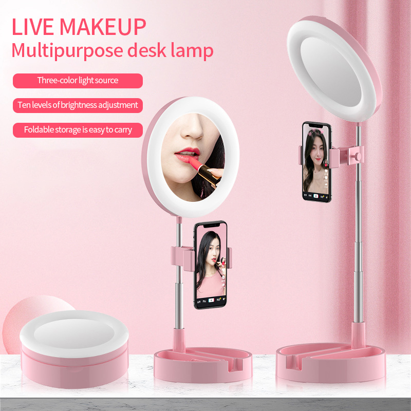

Foldable Selfie Stick Ring Light Tripod For Phone With Mirror LED Phone Holder For Makeup Live Storage