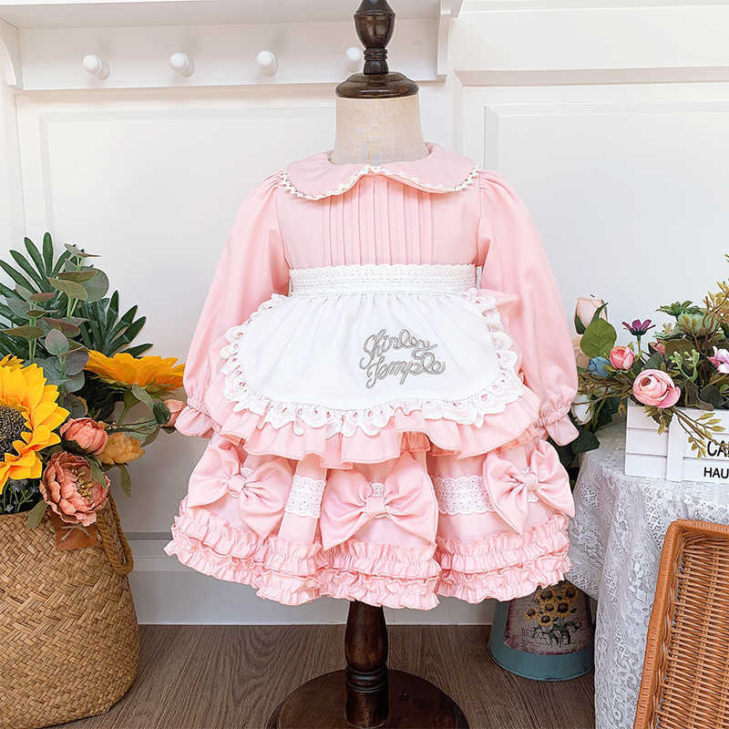 

2Pcs Spanish Girls Dress Baby Lolita Princess Ball Gown Infant Boutique Clothes Children 1st Birthday Wedding Party Dresses 210615, Pink dress and pants