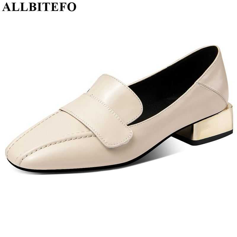 

ALLBITEFO nature genuine leather high heels comfortable low-heeled office high heel shoes elegant square toe women heels 210611, As picture
