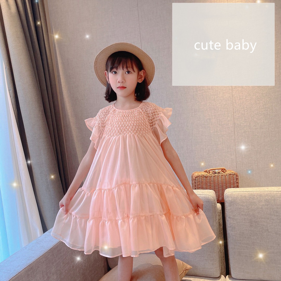 

High quality Baby Girls Chiffon Dress Summer Kids Girl Beaded Princess Party Dresses Children's Pink Tutu Clothing