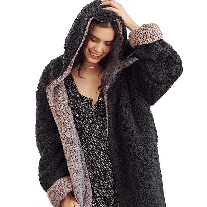 

Women's Fur & Faux Autumn Winter 2021 Long Coat With Hood Black Furry Teddy Jacket Drop Coats Cardigan Sleeve Women