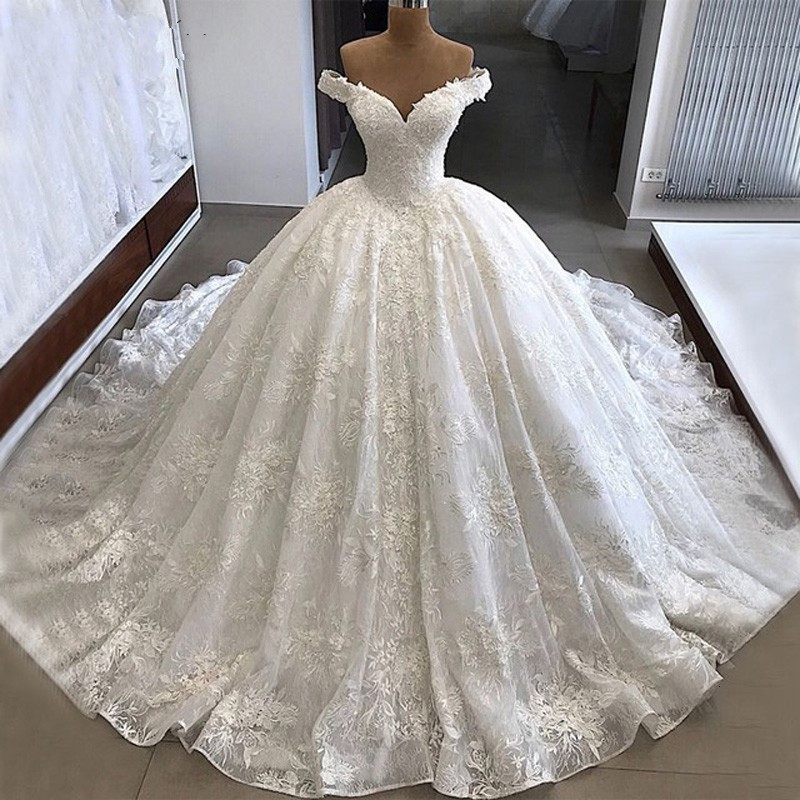 

New Vintage Lace Appliques Ball Gown Wedding Es 2021 Off the Shoulder Beaded Vestido De Mariee Bridal Gowns Lebon Ihgv, Ivory