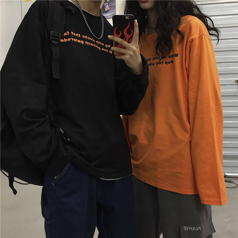 

2021 New Casual Legal Carta Harajuku Camiseta Engraado Das Mulheres Dos Homens Coreano Manga Longa Solta Hip Hop Tshirt A65y, Orange