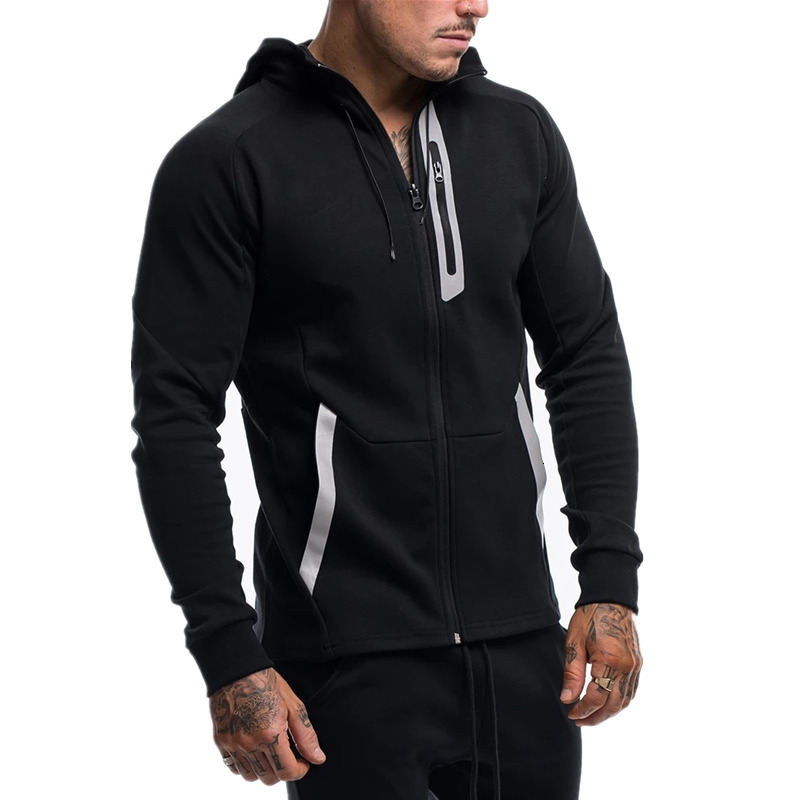 

2021 Autumn New Men Zipper Hoodies Fashion Casual Gyms Fitness Hooded Jacket Male Cotton Sweatshirts Sportswear Clothing Tops Cv1e, Black