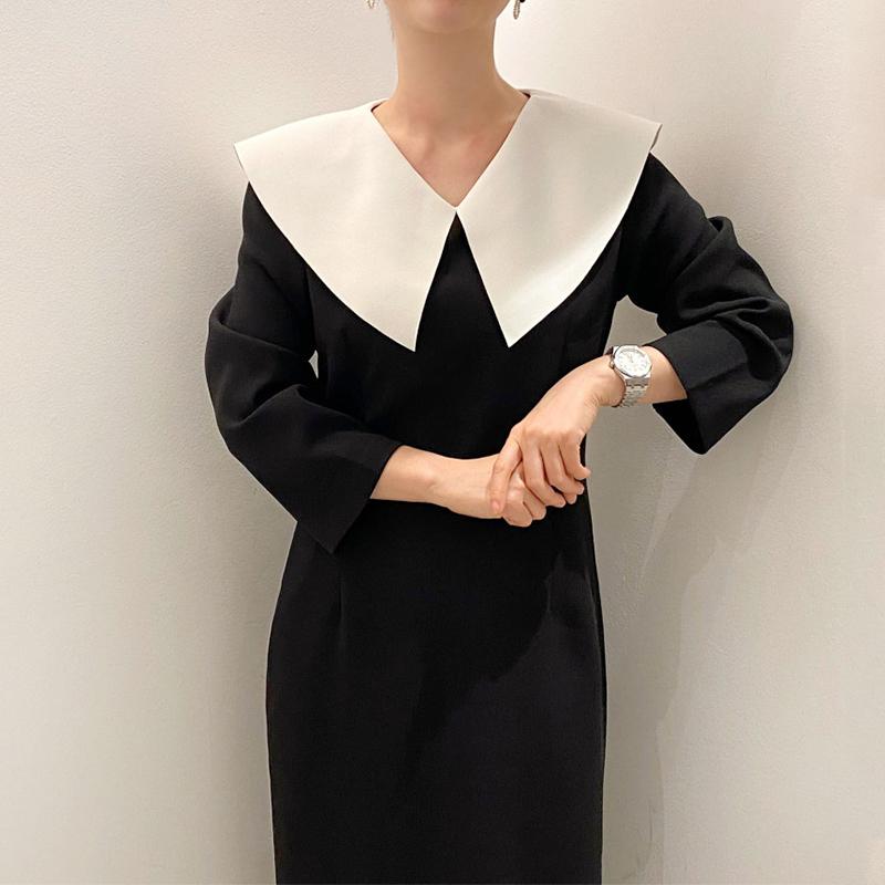 

Casual Dresses Vestido Feminino Slim Chic Autumn French Contrast Color Long Sleeve Large Lapel Black Dress Women Mid Length Vintage Elegant, Black;gray