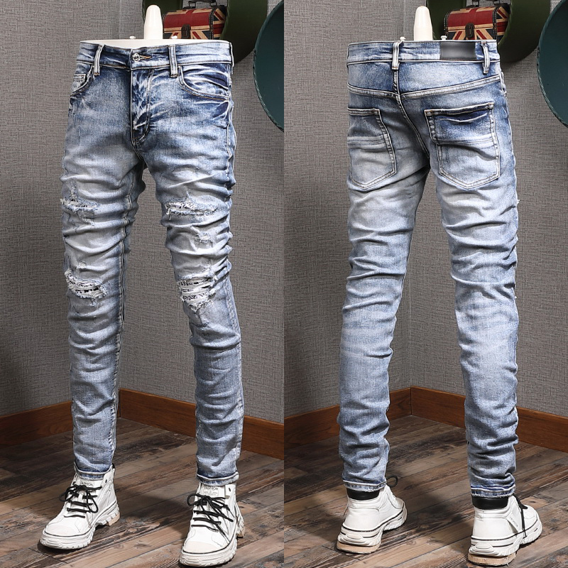 

Stretch Design Denim Jeans Biker Fit For Mens Slim Painted Patch Trim Leg Cowboy Pants Male ETU6, Amr-8374