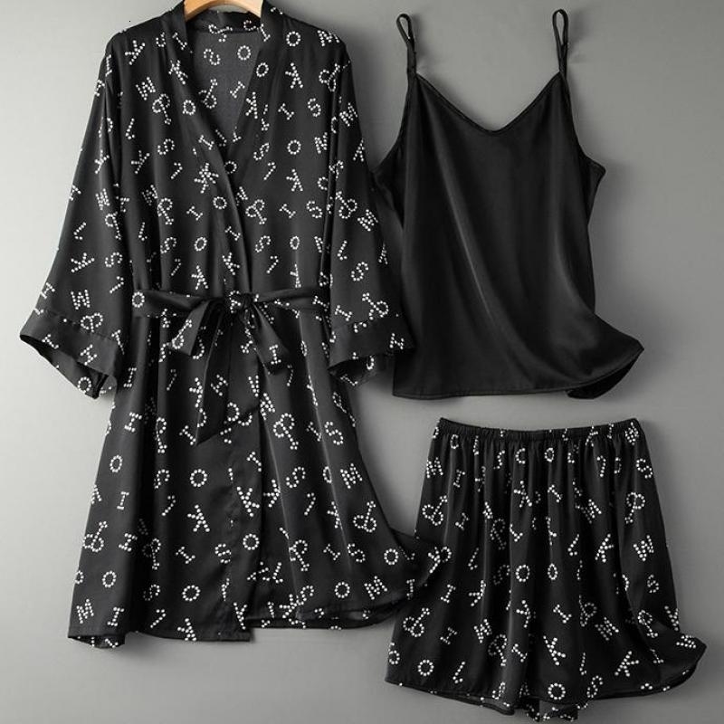 Women&#039;s Sleepwear Black 3PCS Pajamas Suit For Women Rayon Print Letter Pyjamas Pour Femme Thin Robe&Cami&Shorts Set Sexy Kimono Go-image-702024789