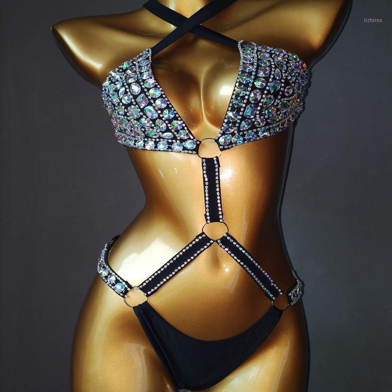 

Sexy Women Bustier Push Up Paded Siamese Bikini Solid Open Elastic Straps Rhinestone Chain Shiny Crystal Diamonds Swimsuit Women' Swimwear, Black