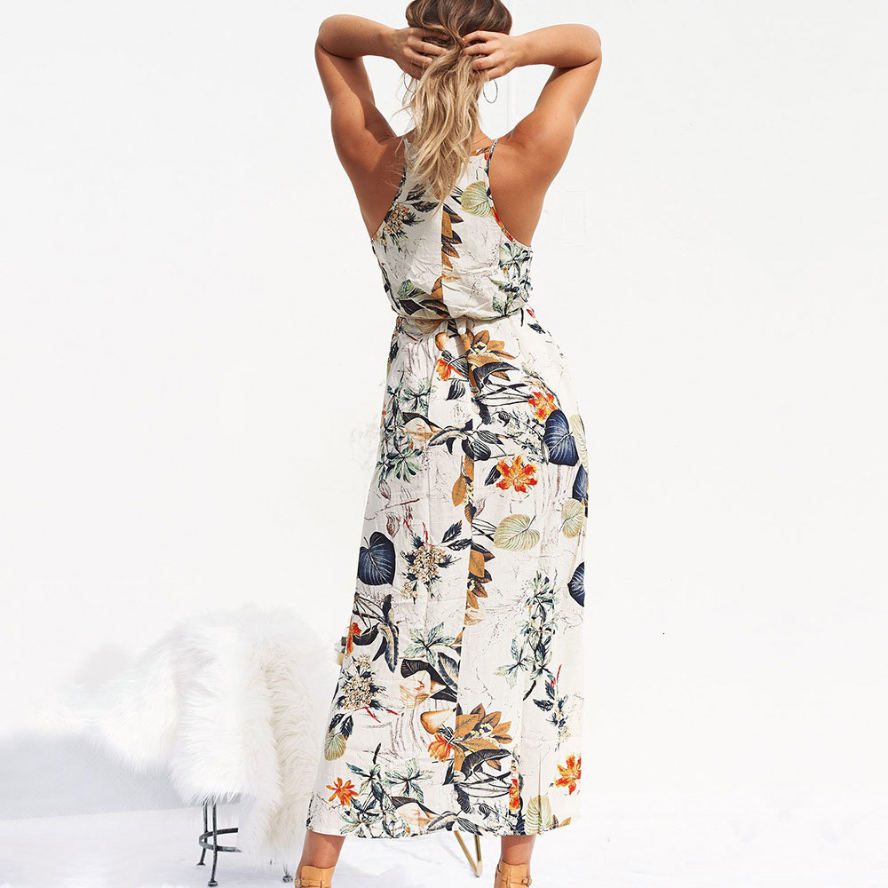 

2021 New Summer Sexy Sleeveless Lace Up Split Long Boho Floral Print Halter Maxi Retro Cotton Beach Party Vestidos 7tvb, As photo