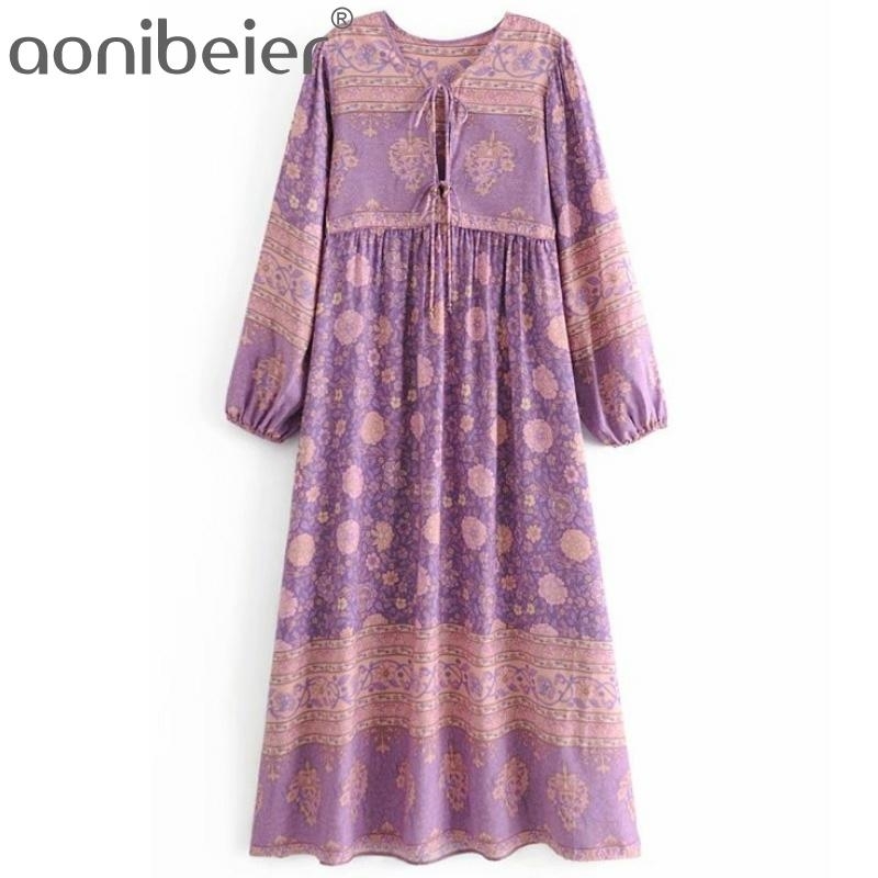 

Bohemia Lacing Up Collar Lavender Floral Print Ethnic Woman Drop Hit Color Long Sleeve Urban Maxi Holiday Dresses 210604, Yellow