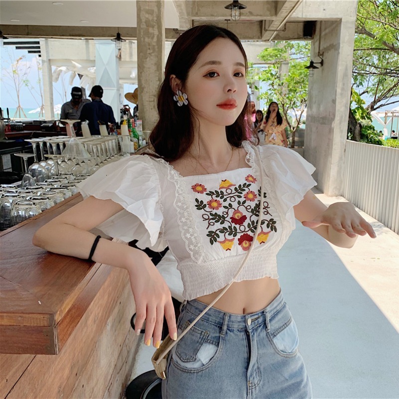 

2021 New Summer Beach Women t Shirts Vintage Embroidery Cropped Top White Short Sleeve Tops Square Collar Backless Tee Tshirt Fyqd