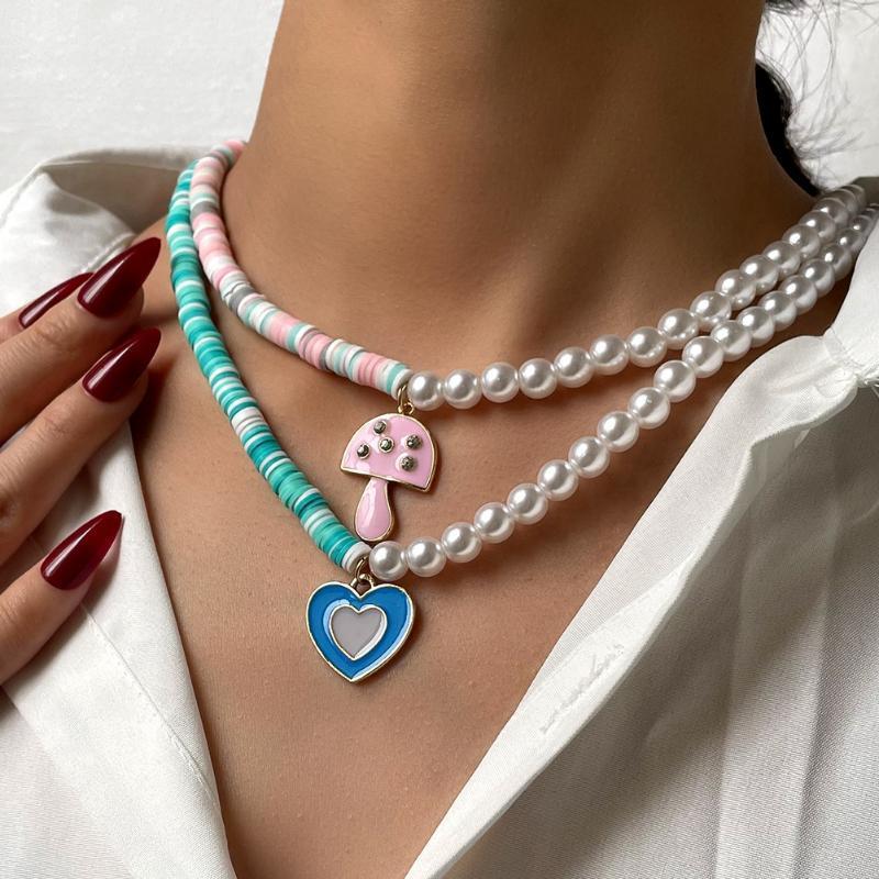 

Chains Bohemian Colorful Heart Mushroom Pearl Polymer Clay Beads Necklace For Women Handmade Asymmetric Beaded Chain Necklaces Jewelry