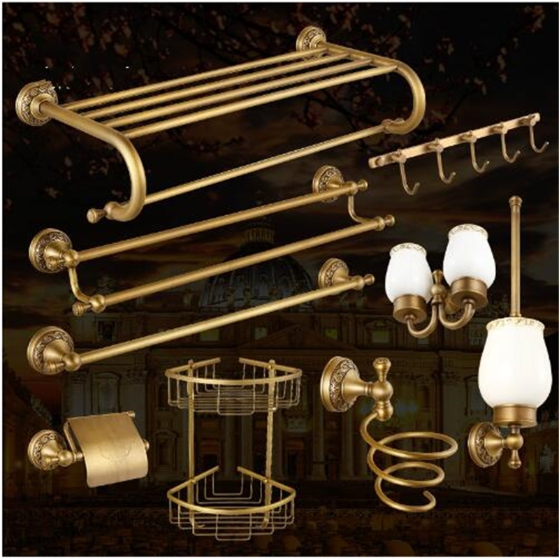 

2021 New Antique Bronze Carved Accessories Set Bathroom Products Solid Brass Bath Hardware Sets Towel Rack,paper Holder 77oz
