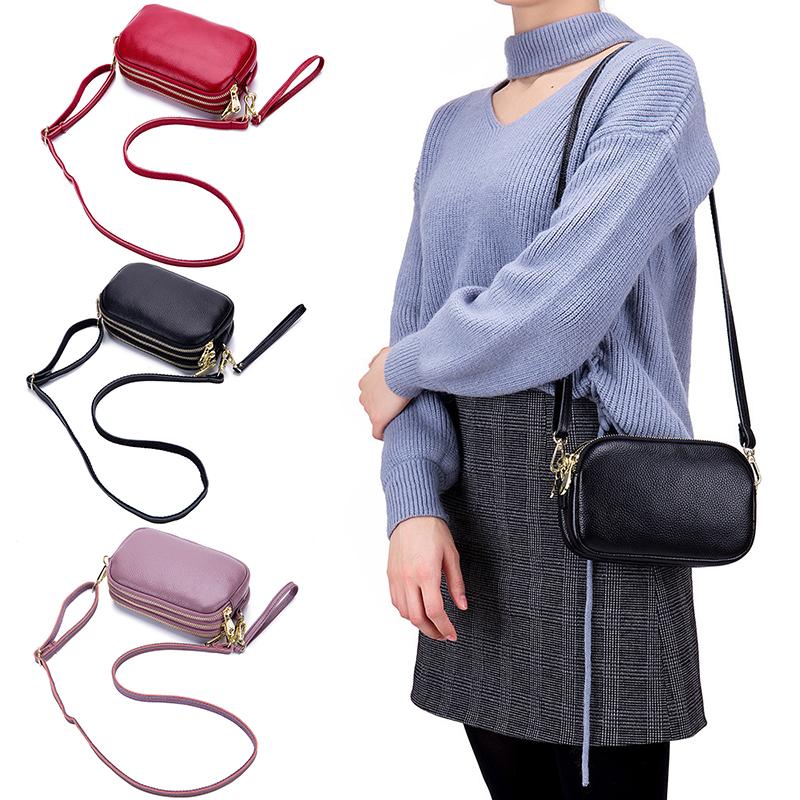 

ladies bags middle-aged mother mobile phone bag three-layer bag ladies diagonal zipper small really soft leather, Black