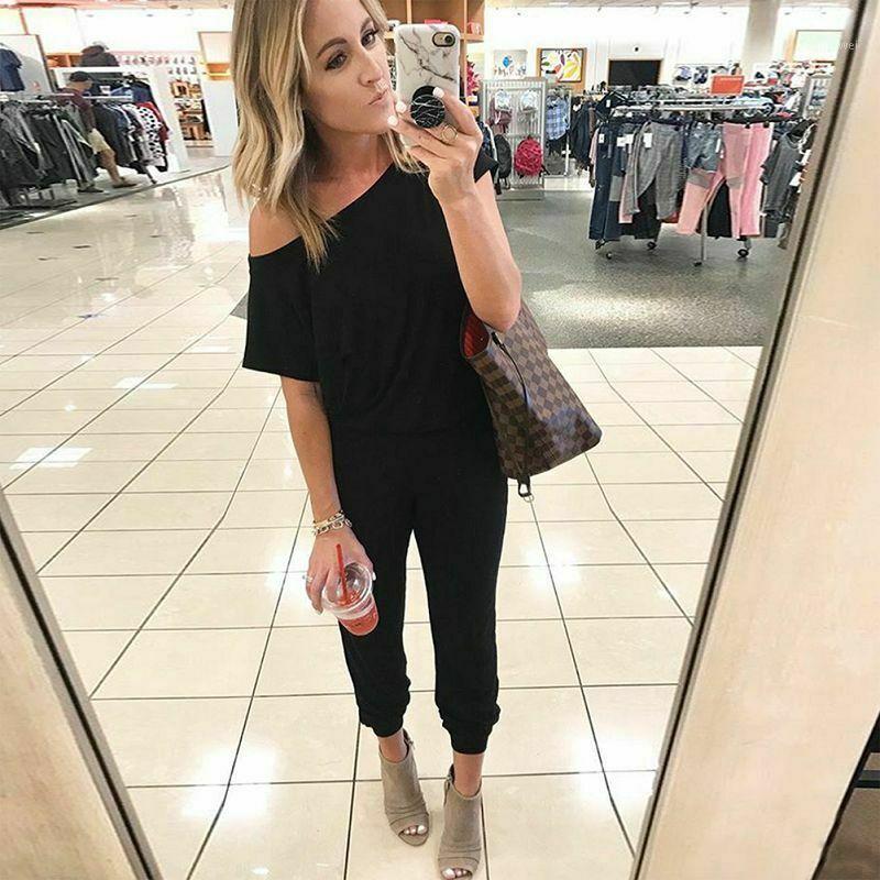 

Women' Jumpsuits & Rompers Fashion Sexy Women Off Shoulder Romper Clubwear Summer Lace Up Short Sleeve Playsuit Party Casual Loose Trouser, Black