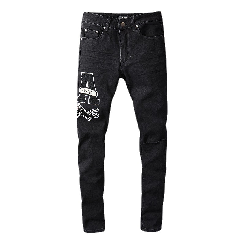 

High Street Fashion Brand Embroidered Hole Patch Jeans Ins Personality Trend Stretch Tights, Blue
