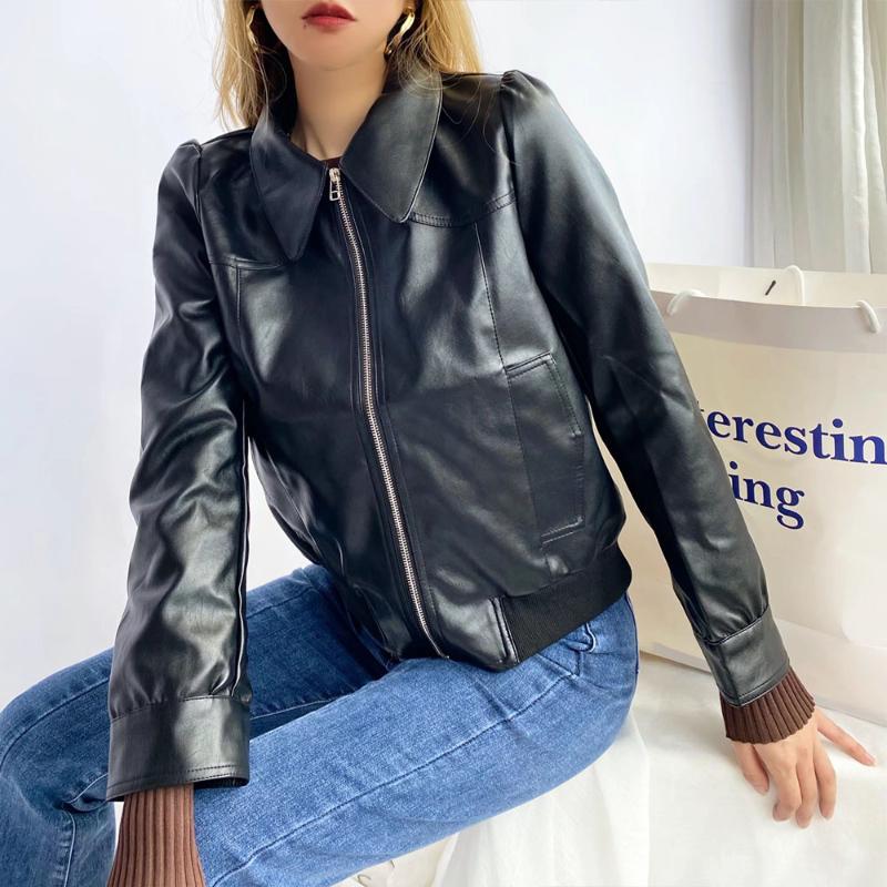 

Women' Leather & Faux Women 2021 Autumn Fashion British Style Lapel Jacket Coat Vintage Long Sleeve Zipper Female Outerwear Chic Overshi, Black