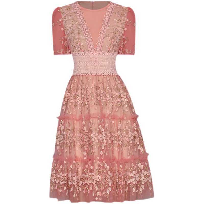 

HIGH QUALITY est Designer Runway Women's Summer Round Neck Short Sleeve Circle Guipure Lace Heavy Mesh Embroidery Dress 210526, Apricot