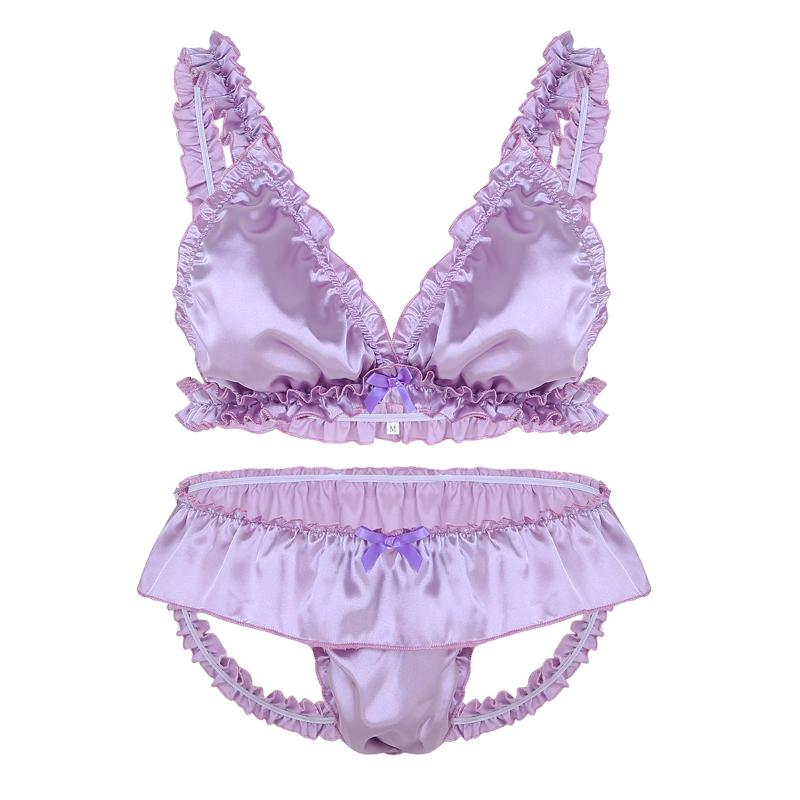 Ensembles de soutiens-gorge hommes Sexy Sissy Lingerie Crossdressing Gay ensemble de sous-vêtements érotiques Porno doux Satin à volants soutien-