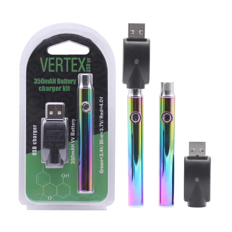 

Vertex 350mAh VV Rainbow Vape Battery 510 Thread USB Charger Blister Kit Packaging Preheat Vaporizer Batteries Variable Voltage Pen Battery
