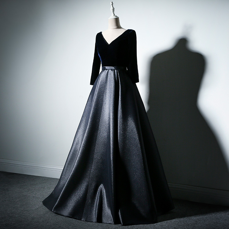 

Black Satin Banquet Evening Sleeve Annual Meeting Performance Floor-length Velvet Wedding Party Women Dress Nfie
