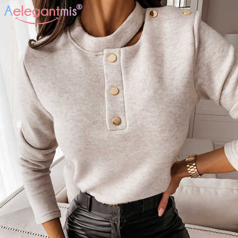 

Aelegantmis Korean Style Plus Size Long Sleeve T Shirt Women Casual Loose Button Designed Chic Elastic Basic ops Female 210607, Beige