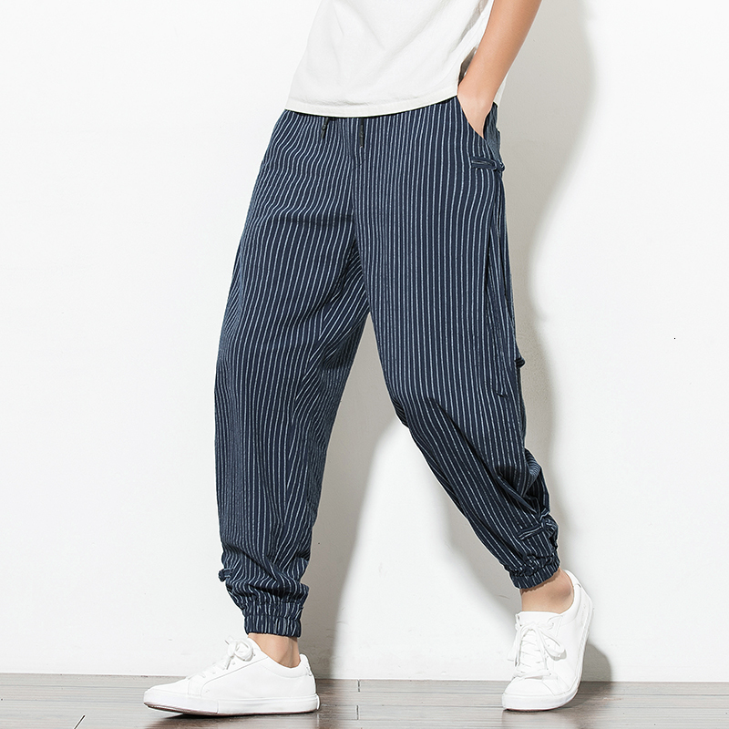 

2021 New Harem Men's Casual Korean Loose Cotton Striped Linen Sweatpants Jogger Pants Streetwear Kxnl, White