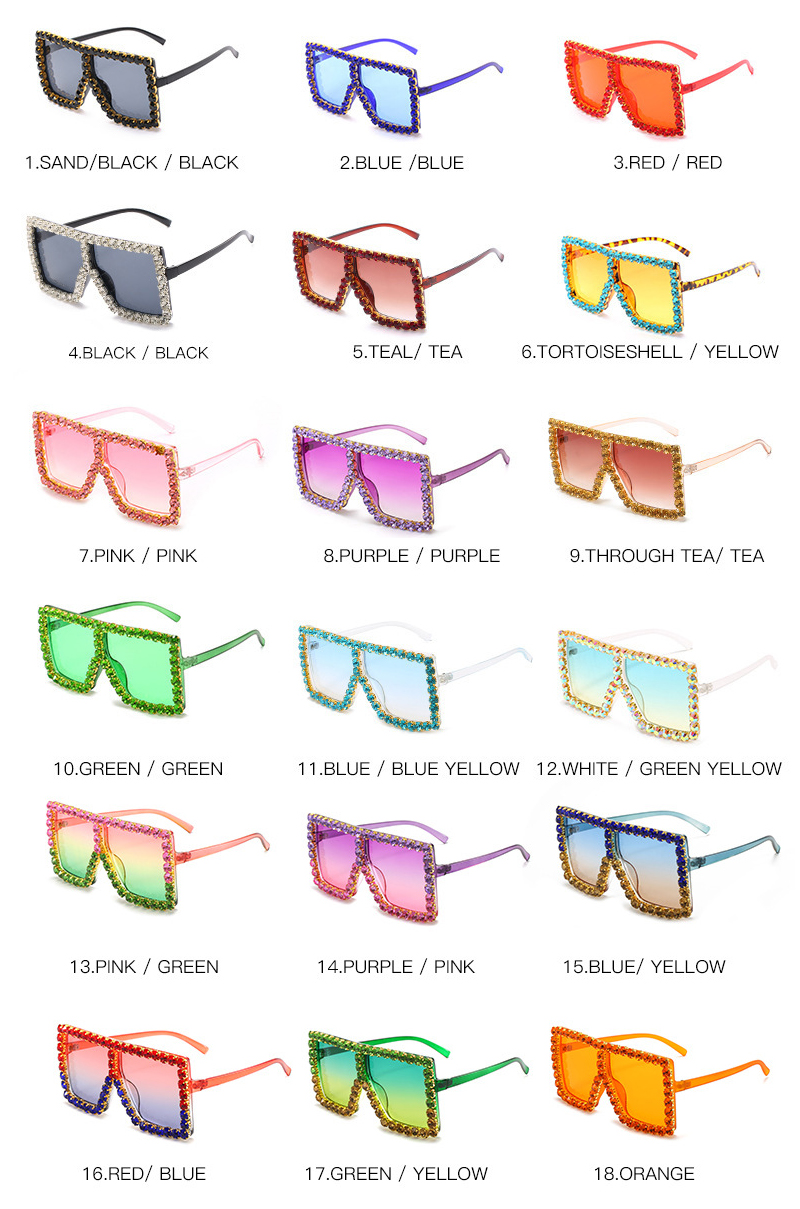 

18 Colors Women Square Luxury Acrylic Rhinestone Sunglasses Oversize Colorful Diamond Frame Shades Big Sun Glasses Wholesale 57055