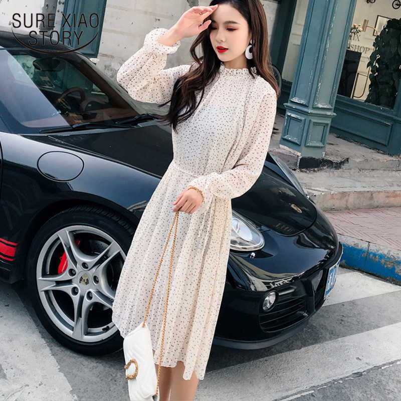 

Spring Long Sleeve Pleated Dresses Party Dresses Women Dot Chiffon Dress Autumn Mid-calf Joker Long Dress 7160 50 210527, Apricot