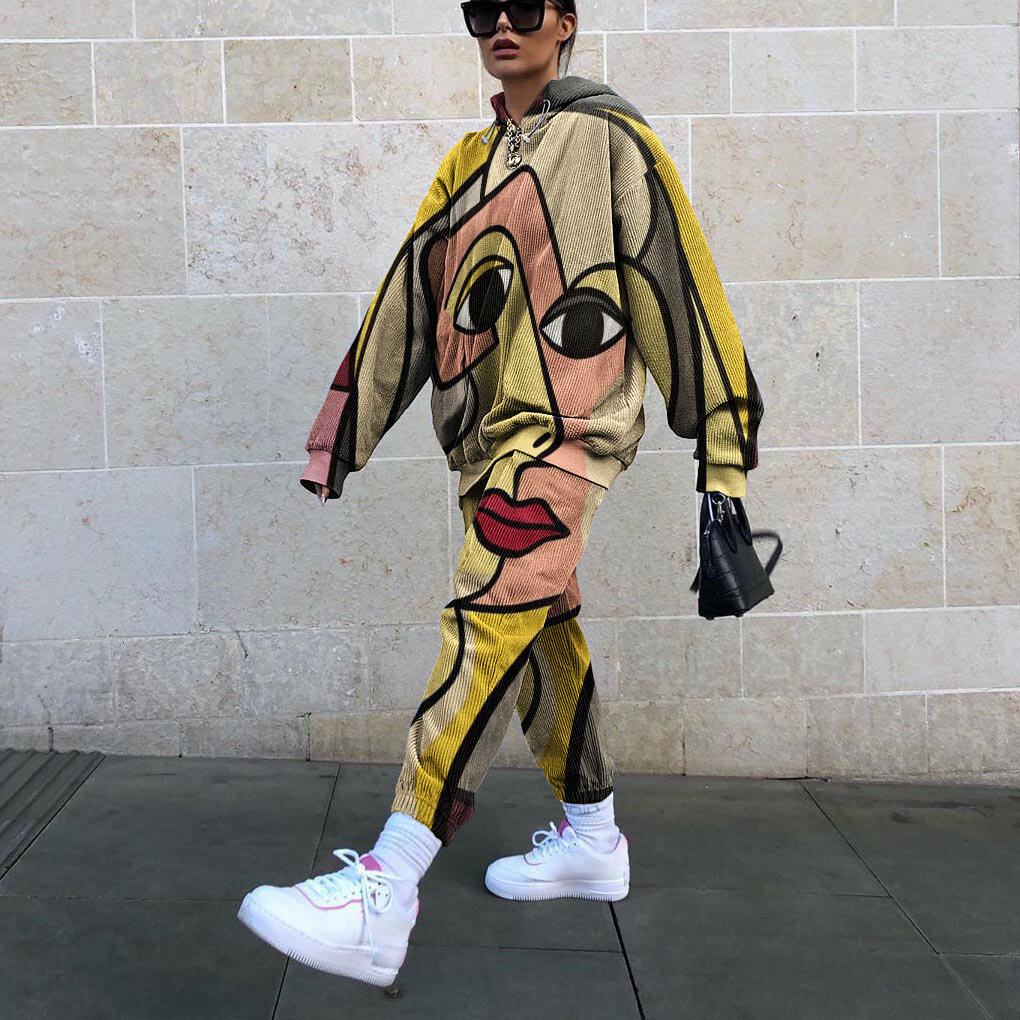 

2021 Yellow Graffiti Face Design Sweatpants Woman's Ensemble Loosey Casual New Hip Hop Girls Streetwear More Size Qp6g, Beige