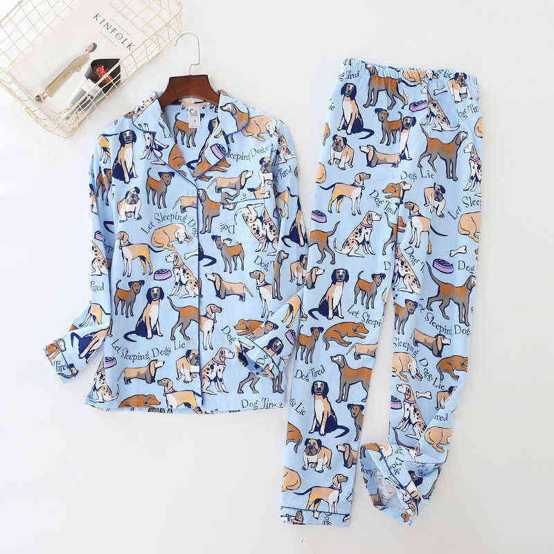

Women Men Pajamas Dog Print Brushed Cotton Pijama 2 Pieces Set Long Sleeve Elastic Waist Pants Lounge Nightwear pyjamas S80001 211111, Blue for women