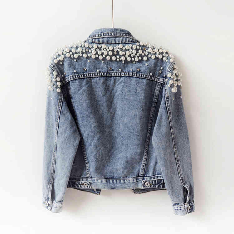 

DesignerWomen Denim Jacket Pearls Beading Fashion Jeans Coat Loose Long Sleeve Jackets Spring Autumn Womens Basic CoatsBalencaiga, Blue