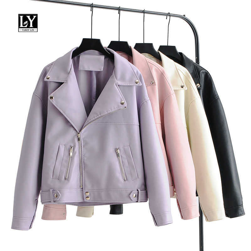 

LY VAREY LIN Women Faux Leather Jacket Loose Design Biker Coat Black Pink Purple Short Motorcycle Lady PU Outwear 210526
