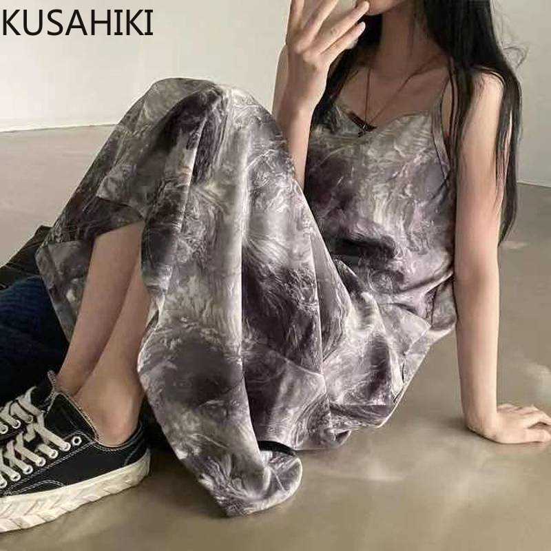 

KUSAHIKI Summer Women Spaghetti Strap Dress Korean Tie Dye Printed Dresses Fashion Sleeveless Strapless Sling Vestido 6H662 210602, Apricot