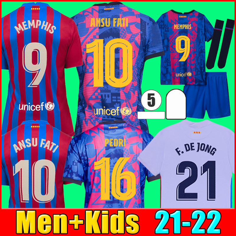 

21 22 MEMPHIS KUN AGUERO Barcelona soccer jersey camiseta de futbol 2021 2022 BARCA ANSU FATI GRIEZMANN F.DE JONG DEST PEDRI football shirt 23 men kids kit sets socks, P14 20 21 away kids