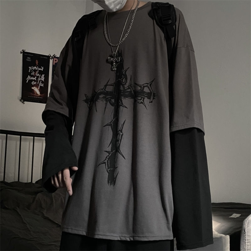 

Gothic Punk Graphic T-shirt Cross of Thorns Men Women Harajuku Summer Top Dark Aesthetic Fairy Grunge Loose Plus Size Clothes 210722, Cross-dark gray