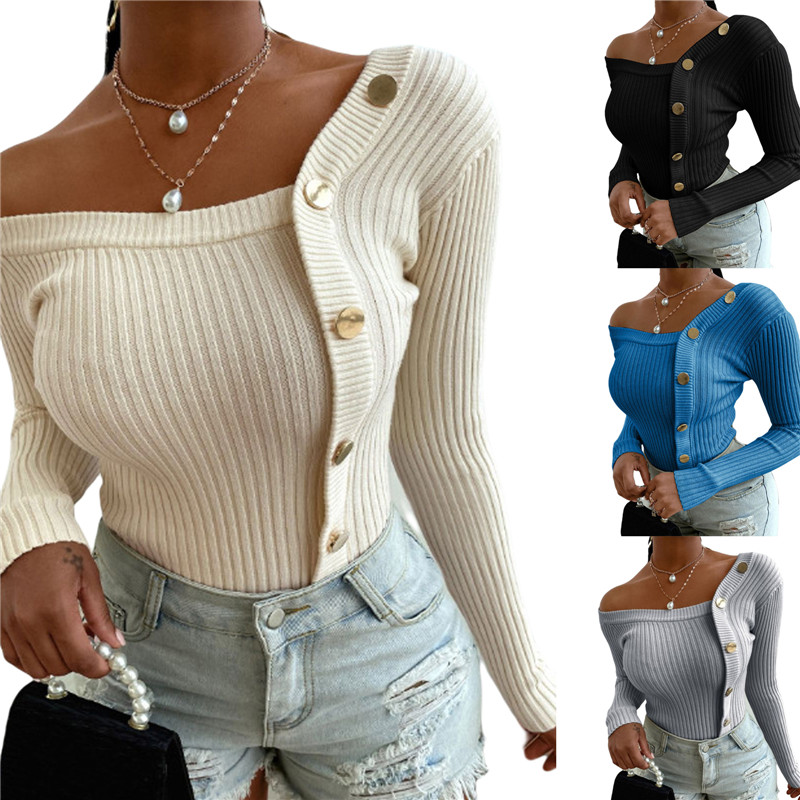 

Fashion Button Off Shoulder Knitted Sweater Women Jumper Autumn Winter Strapless Pullover Long Sleeve Knitwear Female Ladies Streetwear, White;black