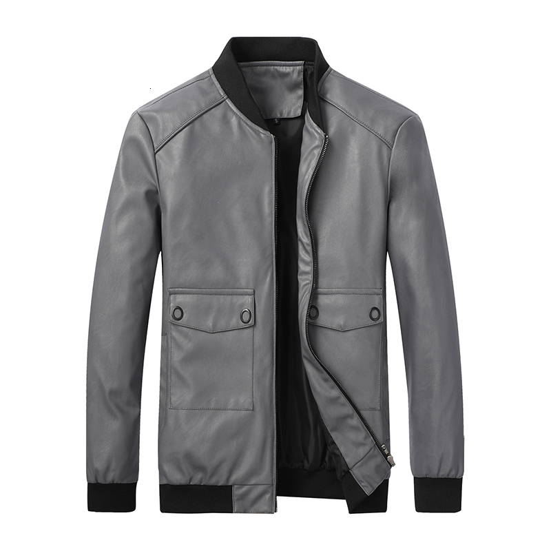 

2021 New Pu Fashion Motorcycle Men Solid Causal Bomber Baseball Jacket Biker Male Faux Leather Coats D9kw, Gray
