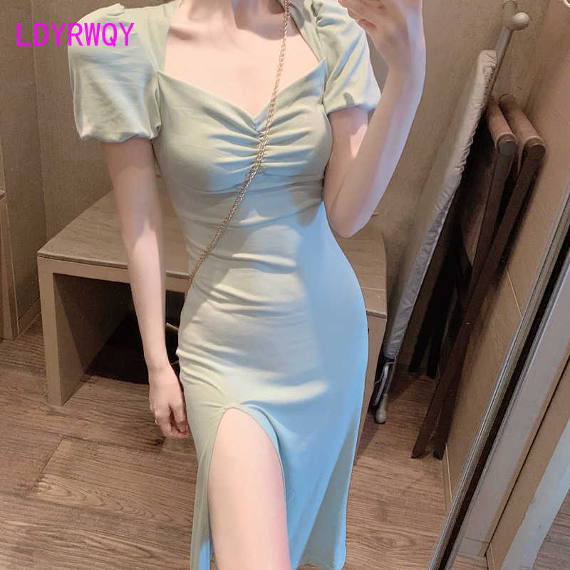 

summer temperament slim word collar split retro dres Sleeveless Office Lady Polyester 210603, Mint green