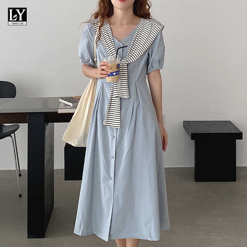 

LY VAREY LIN Summer Women Striped Cape V-neck Fake Two Pieces Dresses Casual Puff Sleeve Single Breasted Female 210526, Sky blue