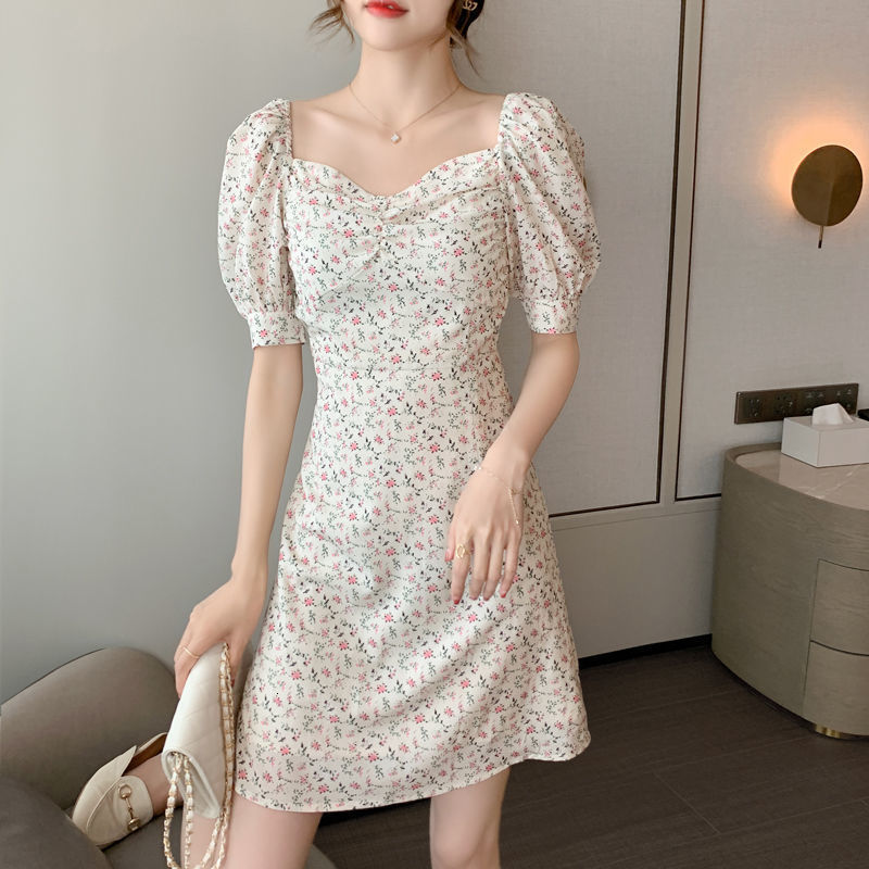 

2021 French Floral Elegant Print Chiffon Mini Office Lady Casual Sleeve Fairy One-piece Women New Rsrm, As picture